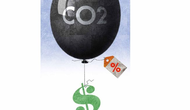 Illustration on taxing carbon dioxide (CO2) by Alexander Hunter/ The Washington Times