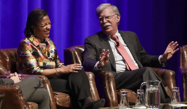 Former National Security Advisers Susan Rice, left, and John Bolton take part in a discussion on national security at Vanderbilt University Wednesday, Feb. 19, 2020, in Nashville, Tenn. (AP Photo/Mark Humphrey)