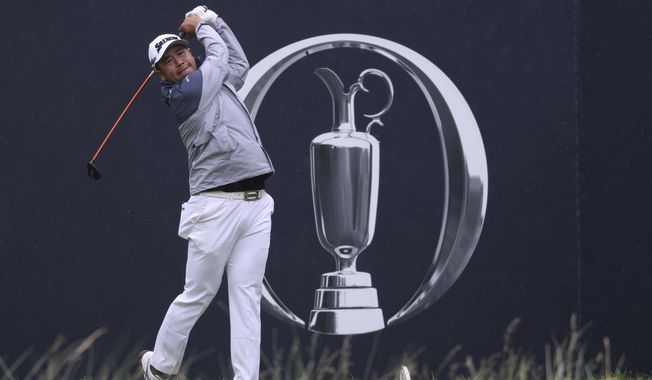Japan&#x27;s Hideki Matsuyama tees off the first during a practice round for the British Open Golf Championships at the Royal Liverpool Golf Club in Hoylake, England, Tuesday, July 18, 2023. The Open starts Thursday, July 20. (AP Photo/Peter Morrison)