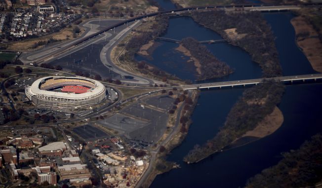 RFK Stadium is visible from Air Force One as it takes off from Andrews Air Force Base, Md., Wednesday, Nov. 29, 2017, as President Donald Trump flies to St. Louis to speak at a tax reform rally. The Washington Commanders say they are supporting efforts by the District of Columbia to get control of RFK Stadium site that used to be the home of the NFL team. A team spokesperson said Thursday, May 4, 2023, officials are communicating with stakeholders at the federal and local levels about the RFK site. (AP Photo/Andrew Harnik, File) **FILE**