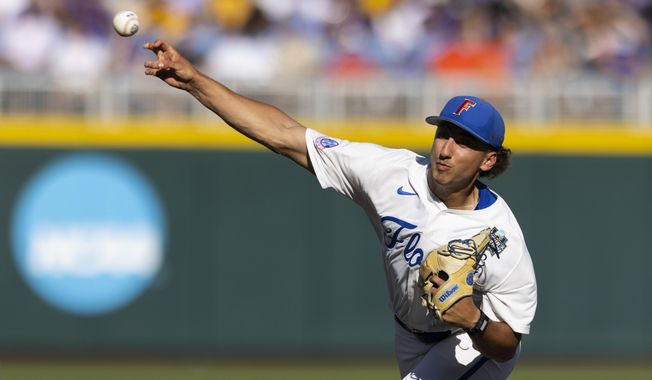 Florida starting pitcher Brandon Sproat throws against LSU in the first inning of Game 1 of the NCAA College World Series baseball finals in Omaha, Neb., Saturday, June 24, 2023. (AP Photo/Rebecca S. Gratz)