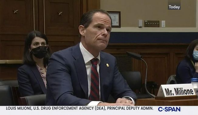 In this image from video provided by C-SPAN, Louis Milione, the U.S. Drug Enforcement Administration&#x27;s deputy administrator, speaks during a hearing held by the House Energy and Commerce Subcommittee on Health in Washington on Dec. 2, 2021. Milione, the DEA’s second-in-command, quietly resigned in 2023, amid reporting by The Associated Press that he previously consulted for a pharmaceutical distributor sanctioned for a deluge of suspicious painkiller shipments and did similar work for the drugmaker that became the face of the opioid epidemic: Purdue Pharma. (C-SPAN via AP, File)