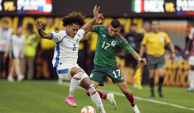 Mexico&#x27;s Orbelin Pineda, right, vies for possession against Panama&#x27;s Adalberto Carrasquilla during the second half of the CONCACAF Gold Cup final soccer match Sunday, July 16, 2023, in Inglewood, Calif. (AP Photo/Mark J. Terrill)